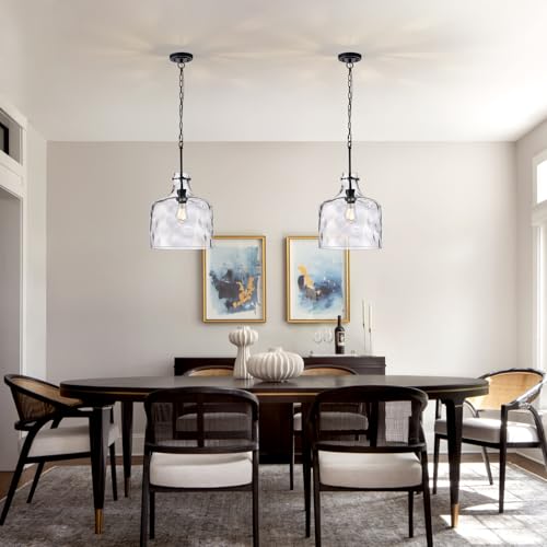 Image of 12 inch Black Farmhouse Pendant Light, Clear Hammered Glass, E26 Hanging Light | Hand-blown hammered glass pendant light with adjustable chain, E26 socket, ideal for kitchen islands and dining rooms