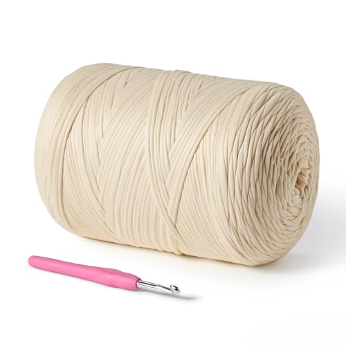 Image of (800g /228yds) T Shirt Yarn, Soft Tshirt Crochet Yarn for Crafts and DIY Knitting Crocheting Cloth /Bag /Basket /Coaster, 100% Polyeste Elastic Fabric Chunky Thick Yans（Beige）