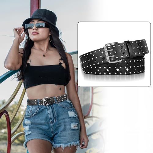 4 Piece Studded Rivet Double Grommet Belt Set - Faux Leather Gothic Goth Black - Punk Style Accessories for Men Women - Ideal Gift 5