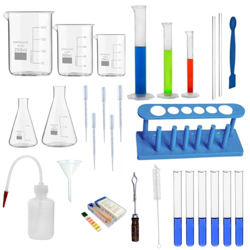 Image of Chemistry Lab 28 Pcs Kit - Borosilicate Glass Beakers, Conical Flasks, Plastic Measuring Cylinders, Test Tubes, Stand, Brush, Stirring Rods, Droppers & More for Students and Labs