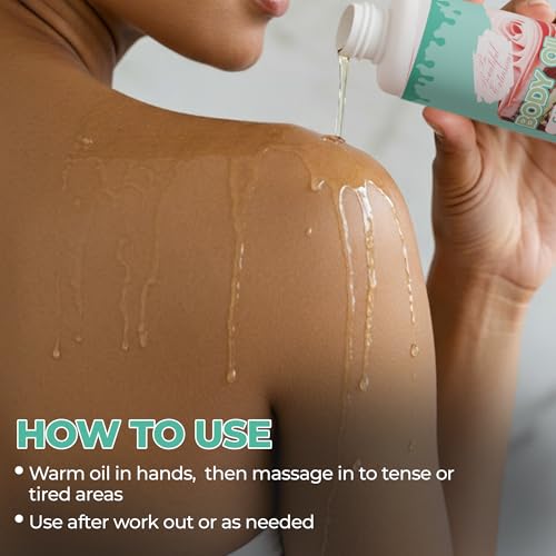 Image of Body oil designed for Deep Hydration to nourish, protect, and rejuvenate the skin while leaving it with a soft, radiant glow and a cake & icing scent long -lasting fragrance, jojoba oil and more