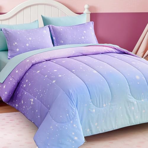 Image of Dinjoy Girls Comforter Set 6 Pieces, Twin Size Colorful Ombre Rainbow Bedding Set, Bed in A Bag for Kid Teen Girls (1 Comforter, 1 Flat Sheet, 1 Fitted Sheet, 1 Pillow Shams, 2 Pillowcases)