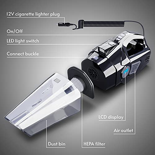 Amebibo 4-In-1 Car Vacuum Cleaner, Tire Inflator Portable Air Compressor With Digital Tire Pressure Gauge Lcd Display And Led Light, 12V Dc Air Compressor Pump, 14,8Ft Cord #TOP6