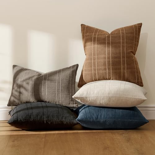 Image of MIULEE Decorative Linen Check Euro Shams Throw Pillow Covers Neutral Farmhouse Vintage Pillow Covers 24x24 Set of 2 Boho Modern Winter Home Decor for Sofa Couch Bedroom Cushion Camel Brown