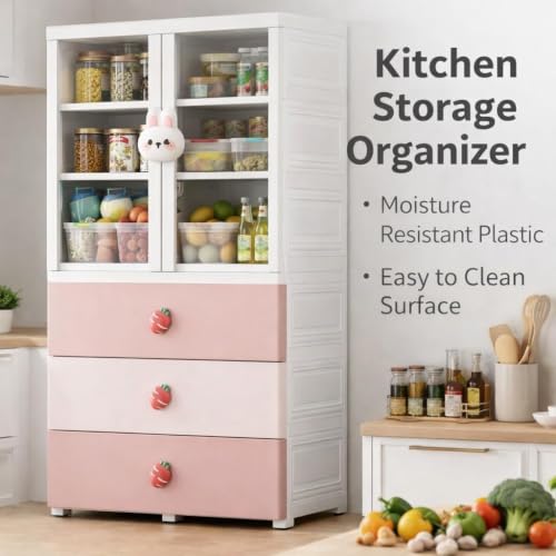 Image of Kids Plastic Collapsible Wardrobe Organizer for Storage with Drawers | Cute Cartoon Design | Heavy Duty Runner Rug Floor Mat Carpets Organizer Bedroom, Living Room (Pink Rabbit, 1+3-Door)