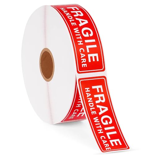 Image of GLUN Fragile Stickers 1 Roll, 3x1 Inch Size Sticker, Care Warning 1000 Labels Each Roll, Strong Adhesive Red Fragile Labels for Shipping Packing of Goods and Moving