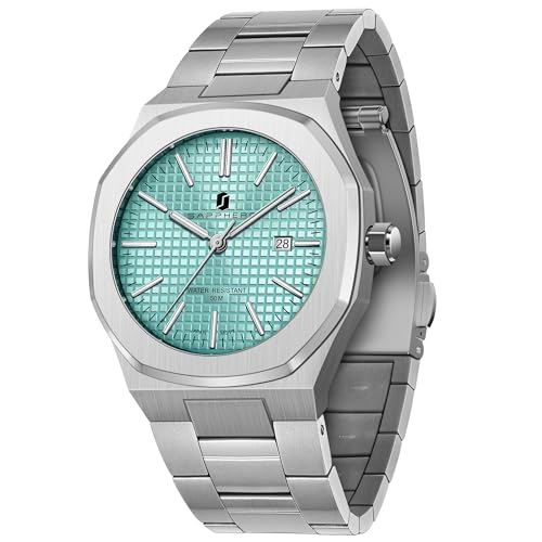 Sapphero - Orologio da uomo, in acciaio inossidabile, luminoso, con lunetta ottagonale, orologio analogico al quarzo di lusso con data per uomo, elegante, Lusso