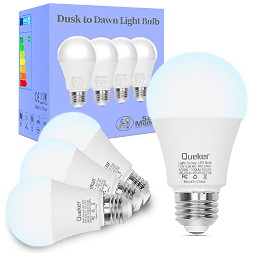 Queker Dusk to Dawn Light Bulbs Outdoor 4 Pack, 5000K Daylight White Light Sensor Bulbs, 12W (100 Watt Equivalent) Auto On Off Photocell Sensor, E26 A19 1000LM LED Bulbs for Porch Garage Lighting