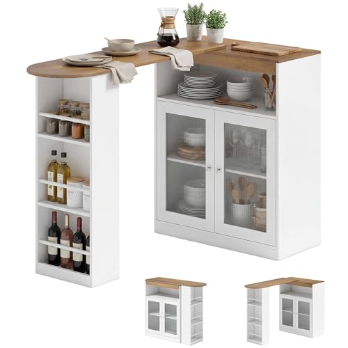 HOMCOM Mesa de Bar Extensible y Giratoria 90°, Mesa Alta Cocina con Estantes Abiertos y 2 Puertas de Vidrio para Comedor, 150x80x105,5 cm, Blanco y Natural