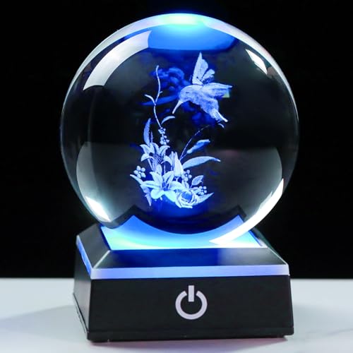 Image of 3D Crystal Ball Hummingbird with Lily Flowers Gifts for Women Unique Snow Globe Decor for Adults Glass Humming Birds Figurines Xmas Ornament with LED Base Lamp Collectibles Sculpture