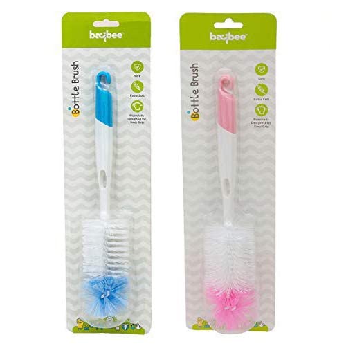 Image of Baybee 2 in 1 Baby Bottle Cleaning Brushes | BPA-Free 360 Movable Nylon Bristles Baby Feeding Bottle & Nipple Cleaning Brush | Anti Slip, Easy to Clean Neck to Wide Corner Cleaner Set(Pack of 2,Pink)