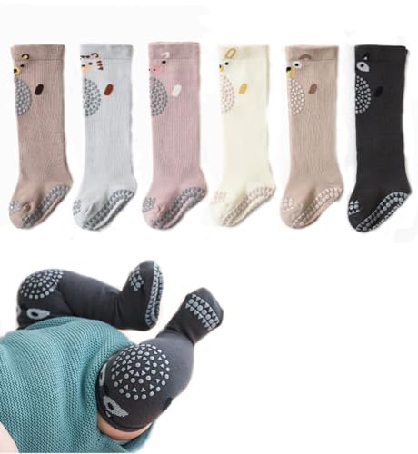 Baby Non Slip Grip Knee High Socks Infant Toddler Anti Skid Crawling Socks Newborn Girl Boy Cotton Tube Stockings (US, Age, 1 Year, 3 Years, 6Pairs-Multicolor)