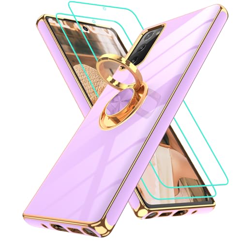 Gritup for Samsung Galaxy Note 20 Case: with 2Pcs Screen Protector, 360° Rotation Ring Holder Magnetic Kickstand, Plating Gold Edge Soft TPU Shockproof Protective Cover for Note 20 Phone Light Purple