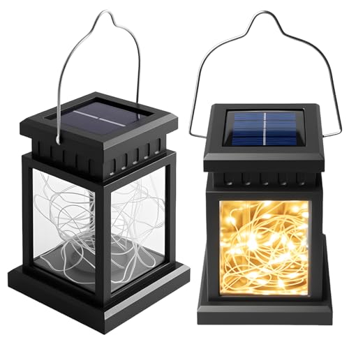 Farolillo solar de jardín colgante: WIYETY Juego de 2 lámparas solares de forma cuadrada, iluminación exterior blanca cálida, luz LED para decoración exterior, fiestas de jardín, terraza, jardín y
