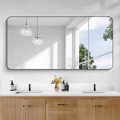 Image of KOCUUY 60 inchx30 inch Large Rectangle Vanity Mirror, Black Metal Frame Mirror with Rounded Corner, Modern Design of Upgraded Shatterproof Glass for Bathroom, Bedroom, Living Room, Entryway