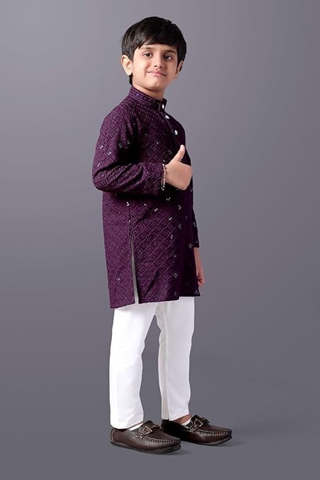 Image of Valaki Kurta Pajama Set for Boys Cotton Blend Mirror Work Embroidery Kurta Pyjama for Boys