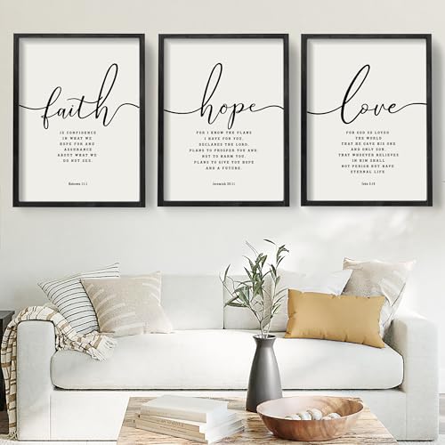 Houmury 3PCS Framed Faith Hope Love Bible Verses Wall Art Farmhouse Religious Quotes Wall Decor Inspirational Wall Art (Black, 16'x24')