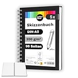 perfect ideaz - Skizzenbuch DIN-A5, Spiralbindung, FSC® zertifiziert, 96 Seite (48 Blatt), Hardcover Schwarz, Sketchbook, 200 g/m² dickes Papier, säurefrei (5 Skizzenbücher)