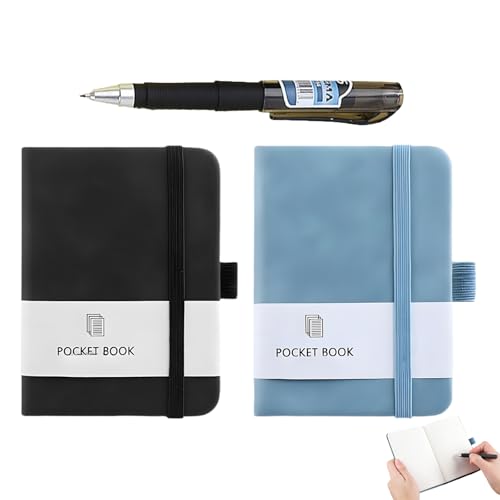 EVTHUR Lot de 2 mini carnets de notes - Petit format A7 - Porte-stylo avec bande élastique - Pour hommes et femmes - 200 pages (noir/bleu)