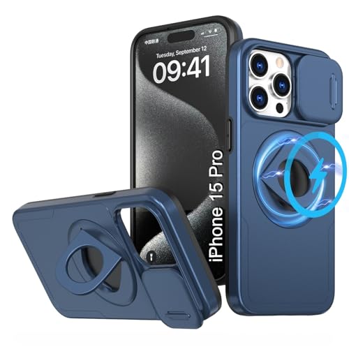 Image of LuxuryKase MagSafe Shockproof Rugged Back Case for iPhone 15 Pro | Finger Ring Kickstand & Sliding Camera Cover | Military Drop Protection | Wireless Charging Support - Blue
