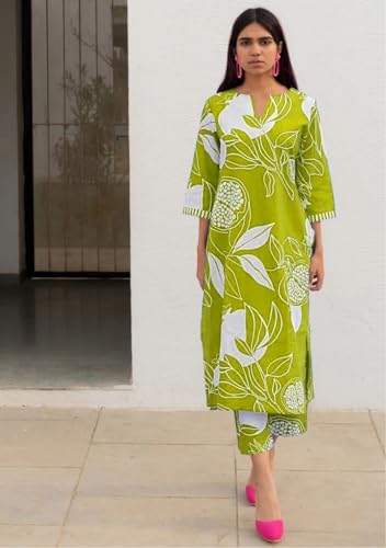 Image of GoSriKi Women's Cotton Blend Straight Printed Kurta with Pant