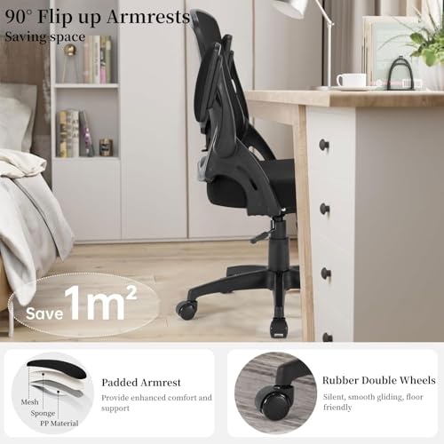 TOPBSHODC Office Desk Chair TP0090, Ergonomic, Modern, Mesh, Black, 300 Lbs Capacity, Adjustable Lumbar Support, Flip-up Arms, Reclining, Perfect for Home Office, Gaming, Computer Use - Image 4