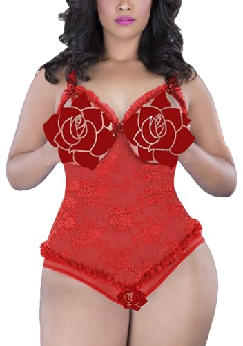 12shage Damen Erotik PU Übergrößen Käfig BH Anziehender Negligee Dessous-Set Reizwäsche Oberteil Lingerie Bodysuit (Rot, S)