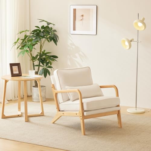 Image of Karl home Mid-Century Modern Accent Reading Chair, White | Linen Upholstered, Solid Wood Frame, Soft Cushion, Lumbar Pillow, Lounge Armchair for Living Room, Bedroom, Balcony, Study