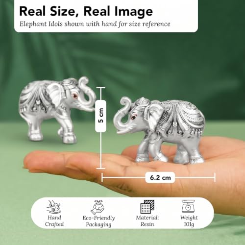 Image of Ekhasa 999 Pure Silver Plated Elephant Statue Pair for Vastu & Good Luck with Velvet Gift Box | Home & Office Decor | Housewarming Ceremony, Wedding, Griha Pravesh, Diwali & Festive Gift