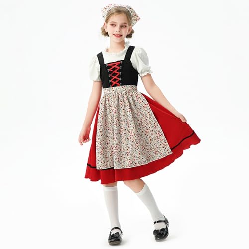 Girls Midi Dirndl Dress Oktoberfest Retro Traditional Pleated Short Sleeve Dresses Flower Graphic Knee Length Skirts3