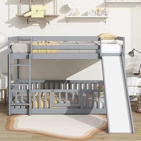 VilroCaz Twin Over Twin Floor Bunk Bed with Door Openable Fence, Versatile Bunk Bed with Convertible Ladder and Slide, Solid Wood Bunk Bed Frame for Kids Teens Boys Girls (Grey-1 Door) Cover