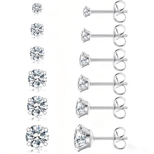 6 Pairs Stud Earrings for Women，Hypoallergenic Stainless Steel Earrings，3-8mm Cubic Zirconia Earrings Studs