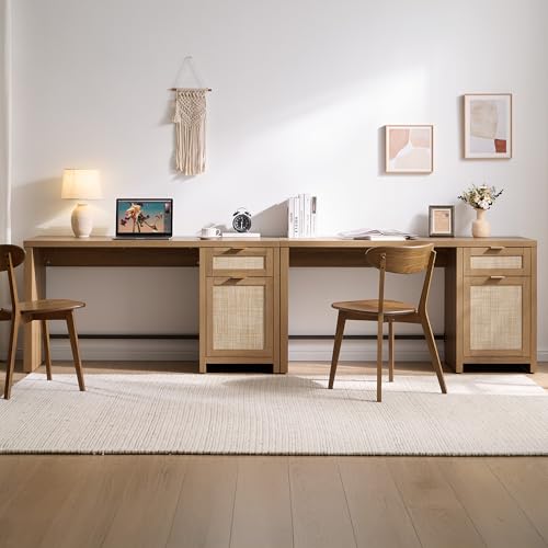 Image of SICOTAS Executive Desk with Large Cabinet, Drawer, Rattan Home Office Desk | 59 inch Boho Farmhouse Computer Table Vanity Desk for Home Office, Study, Living Room, Dining Room