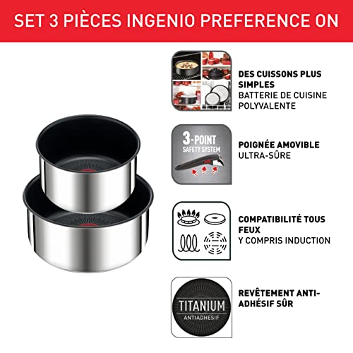 Tefal Ingenio Lot de 2 casseroles 16/20 cm + poignée amovible, Induction, Acier inoxydable, Revêtement antiadhésif, Empilable, Compatible lave-vaiselle, Fabriqué en France, Preference On L9748902 – Image 3