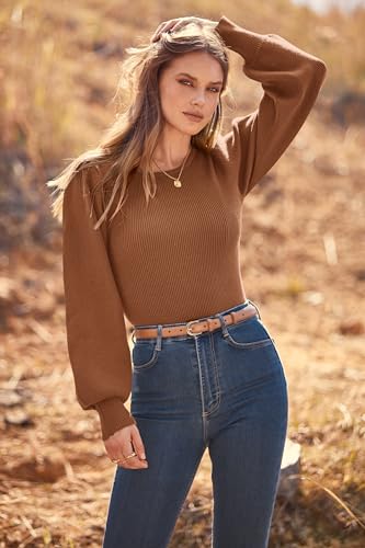 Image of MASCOMODA Womens Puff Long Sleeve Ribbed Sweater Bodysuits | Fall Winter Outfits 2026, Crewneck Knitted Bodysuit Dressy Casual, Cute Slim Fit Pullover Tops, Work, Date, Dress Up & Down