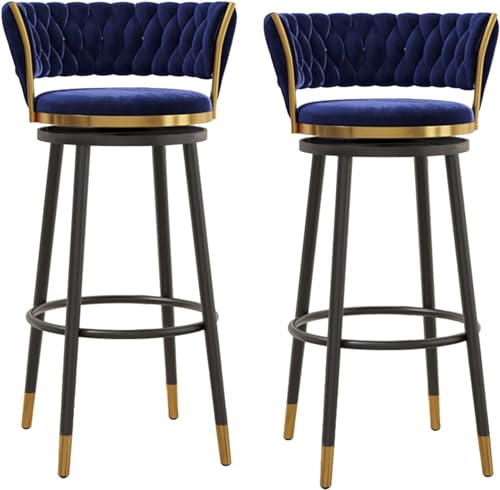 Juego de 2 taburetes de bar giratorios de terciopelo de lujo con respaldo tejido curvado, sillas altas con reposapiés para el hogar, bar e isla de cocina, patas de metal negro de terciopelo azul de