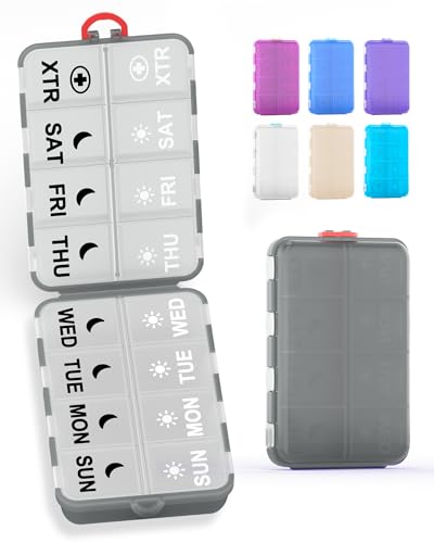 Image of Pill Organizer Travel Medicine Organizer - Weekly Pill Organizer with 2 Extra Compartments, Clear Printed Labels, AM PM Pill Dispenser