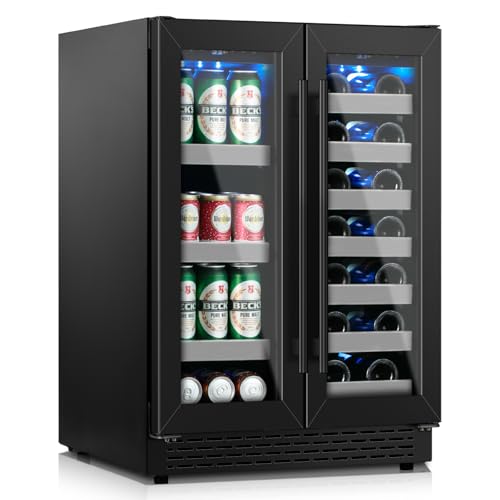 VINECOLD 24 Inch Black Dual Zone Wine Fridge,20 Bottle & 88 Cans Wine and Beverage Refrigerator with Glass Door,Undercounter&Freestanding Stainless Steel Handle Wine Cooler Refrigerator for Home,Party