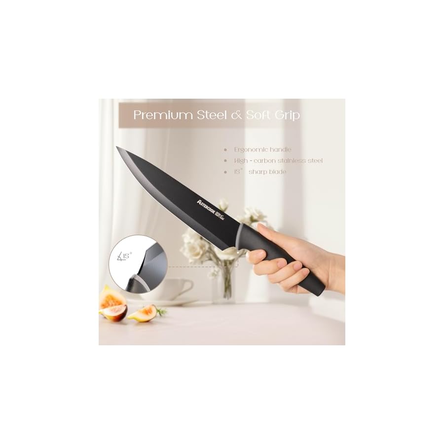 Astercook Knife Set, Kitchen Knives with Block and Sharpener 22 Pcs German Stainless Steel Knives Sharp Blade Dishwasher Safe Knife Set with Anti-slip Ergonomic Handle, Elegant Black