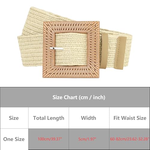 Ladies Woven Wide Stretch Belts, Straw Rattan Square Wooden Buckle Elastic Waist Belt Waistband for Dress4