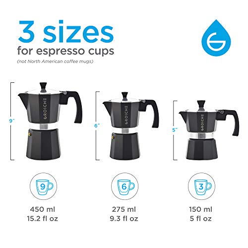 Image of GROSCHE Milano Stovetop Espresso Maker Moka Pot Cuban Coffee Maker Stovetop Coffee Maker Moka Italian Espresso Greca Coffee Maker Brewer Percolator | 6 Espresso Cup, Black