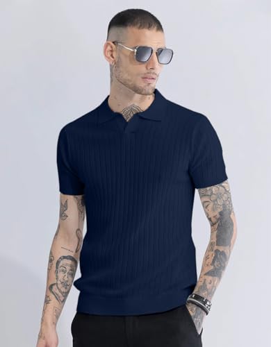 Image of Veirdo Men's Casual Ribbed Polo Collar Knit T-Shirt | Regular Fit Half Sleeve Polo for Men | Flat Knit Textured T-Shirt Perfect for Office, Party, Travel