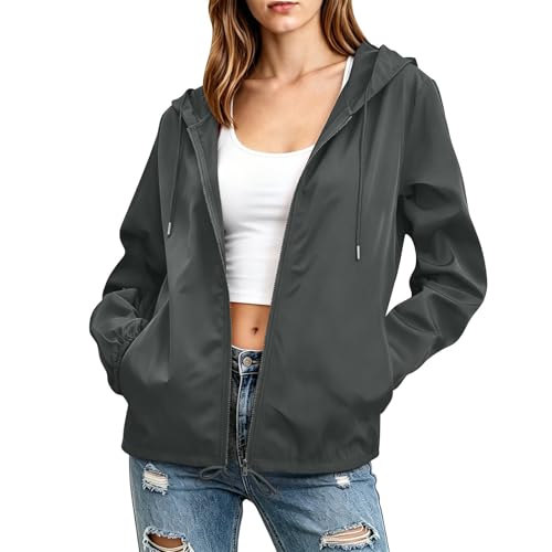 Women's Jackets Waterproof Lightweight Full Zip Long Sleeve Hooded Coat Ladies Waterproof Windproof Breathable Rain Jacket with Pockets Windbreaker