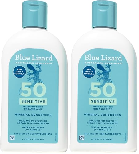 Blue Lizard SENSITIVE Mineral Sunscreen with Zinc Oxide,SPF 50+,Water Resistant,UVA/UVB Protection with Smart Bottle Technology - Fragrance Free,8.75 oz.,(Pack of 2)