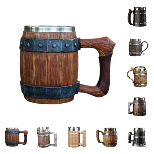 Zekonoレトロスタイル 木製スタイル 600ml ハンドメイドビールジョッキ ワイングラス バー 家庭用 大容量 ステンレススチール ユニークな樹脂 クリスマスギフト パーティーデコレーション (110バレルビールジョッキ,600ml)