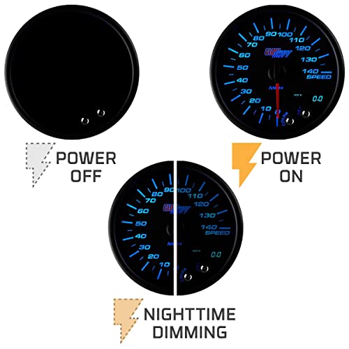 GlowShift Tinted 7 Color 140 MPH Speedometer Gauge - Mounts in Custom Dashboard - Resettable Trip Meter - Black Dial - Smoked Lens - 3-3/4