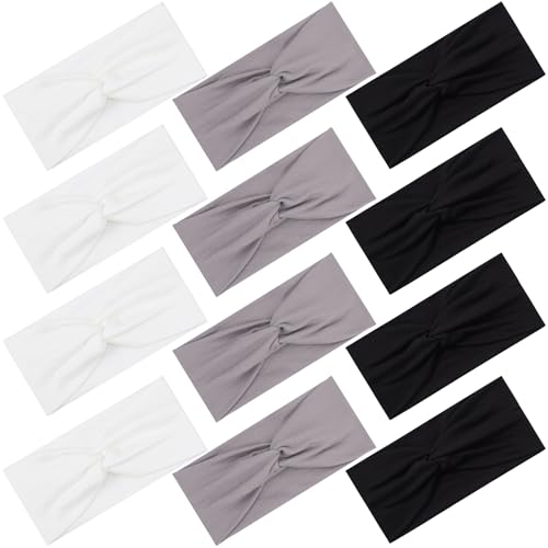 12 Pcs Stretchy Headbands for Women, Absorbed Sport Headband Soft Twist Knotted Hairbands for Daily Life Yoga Workout(Black/Grey/White)