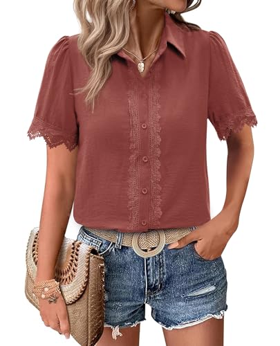 Image of siliteelon Womens Short Sleeve Button Down Shirt Lace Blouses