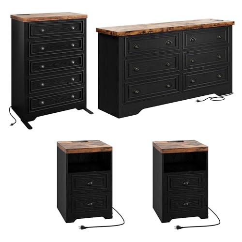 LIKIMIO Farmhouse Bedroom Set, Power Strip, 4 Pieces Bedroom Furniture Set, 5 Drawer Dresser & 6 Drawer Dresser and 2 Nightstands, Chest of Drawers Wide Storage Cabinet for Bedroom, Black