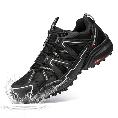 FENLERN Men's Waterproof Trail Running Shoes - Lightweight Breathable Non-Slip Hiking Sneakers for Outdoor Sports(9.5，Midnight Black)